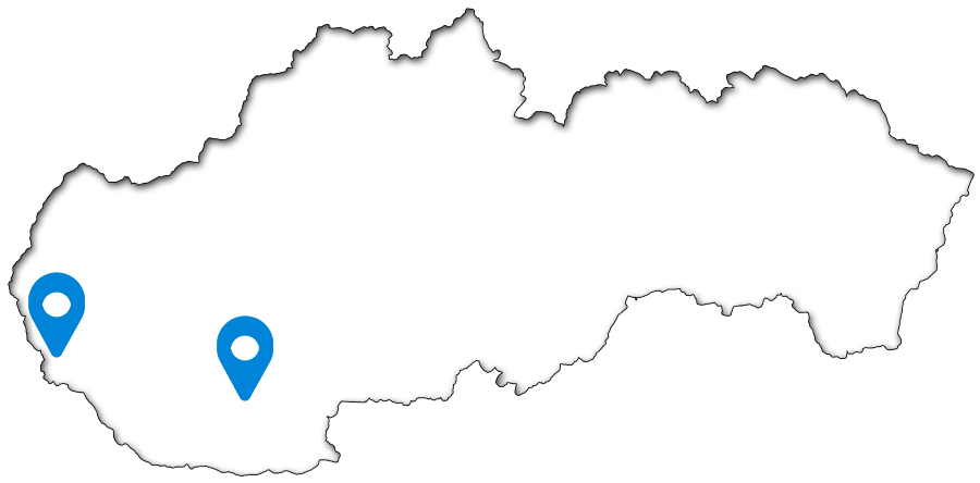 Mapa Slovenska s lokalitami Bratislava a Nové Zámky